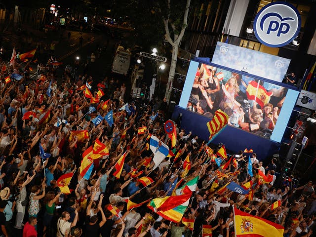 <p>Supporters of Spain’s conservative opposition People’s Party await results outside the party’s headquarters </p>