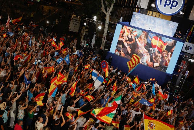<p>Supporters of Spain’s conservative opposition People’s Party await results outside the party’s headquarters </p>