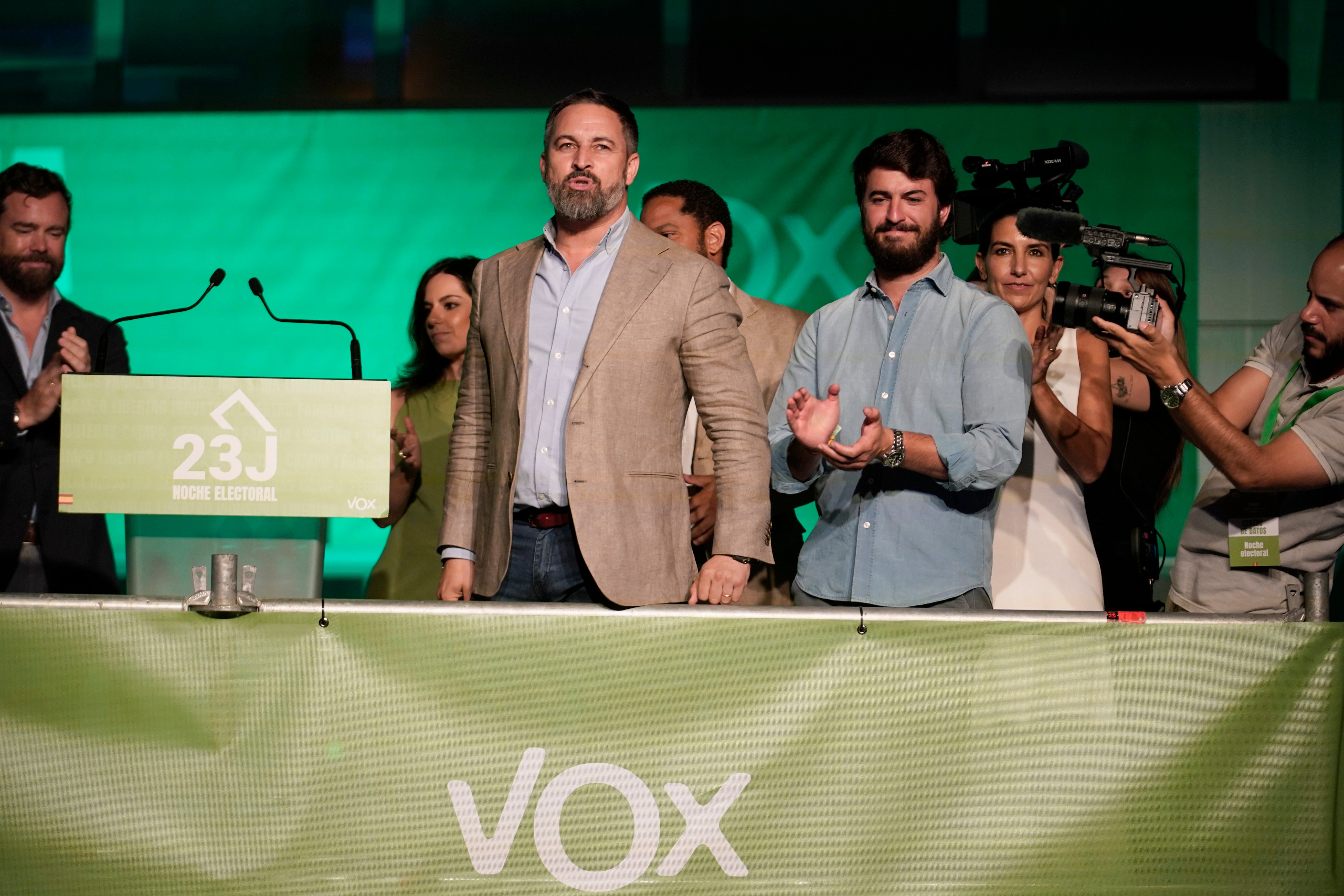 Santiago Abascal, leader of the far-right Vox party, addresses supporters outside the party headquarters following Spain's general election in 2023