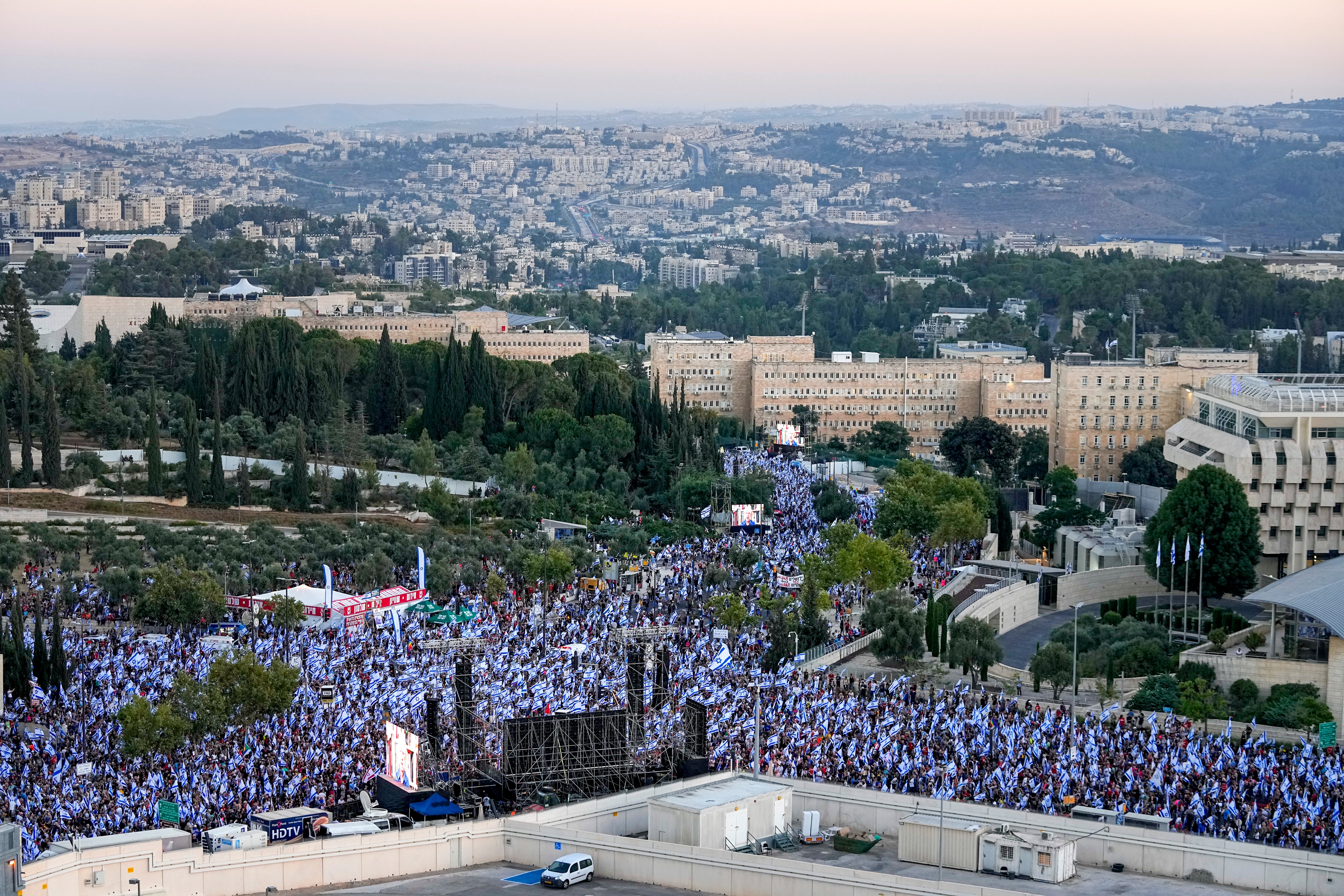 Israelis protest against Prime Minister Benjamin Netanyahu's judicial overhaul plan outside the country’s parliament