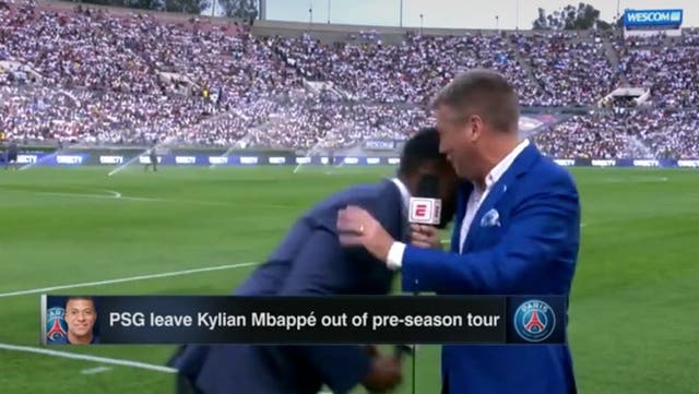 <p>Shaka Hislop collapses live on air.</p>