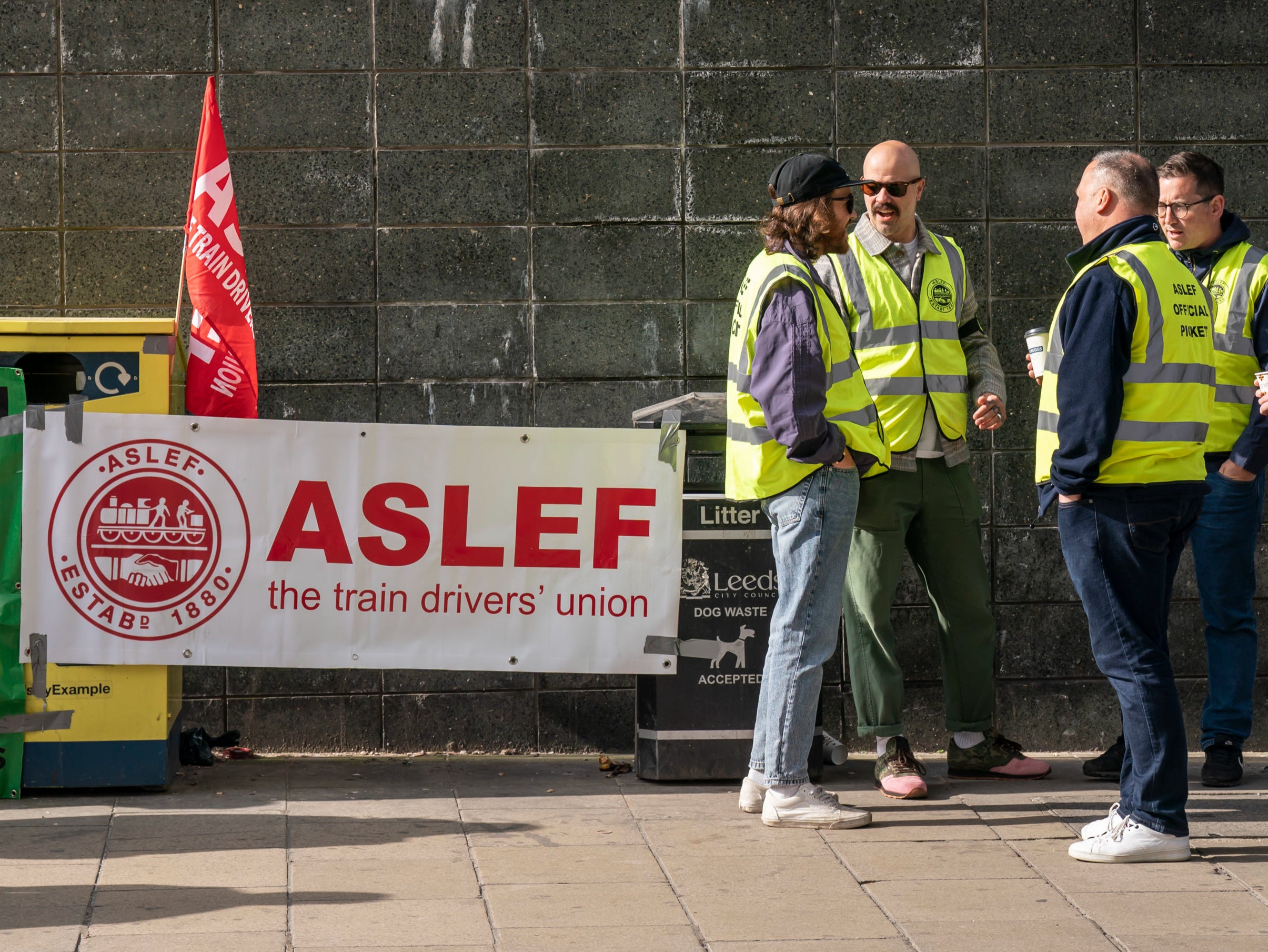 Members of the Aslef union on a picket line near to Leeds railway station