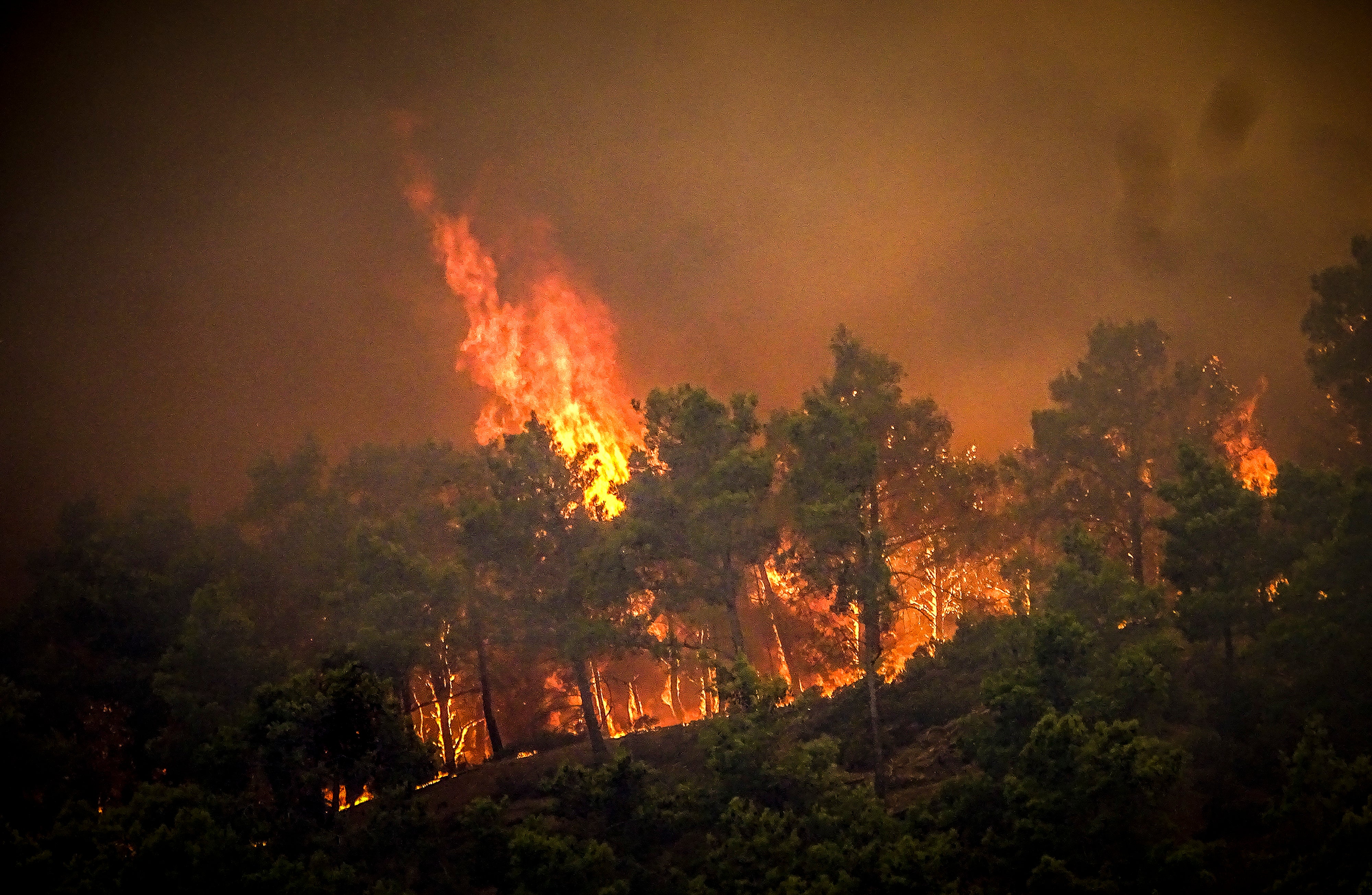 Flames rise during a forest fire on the island of Rhodes in Greece
