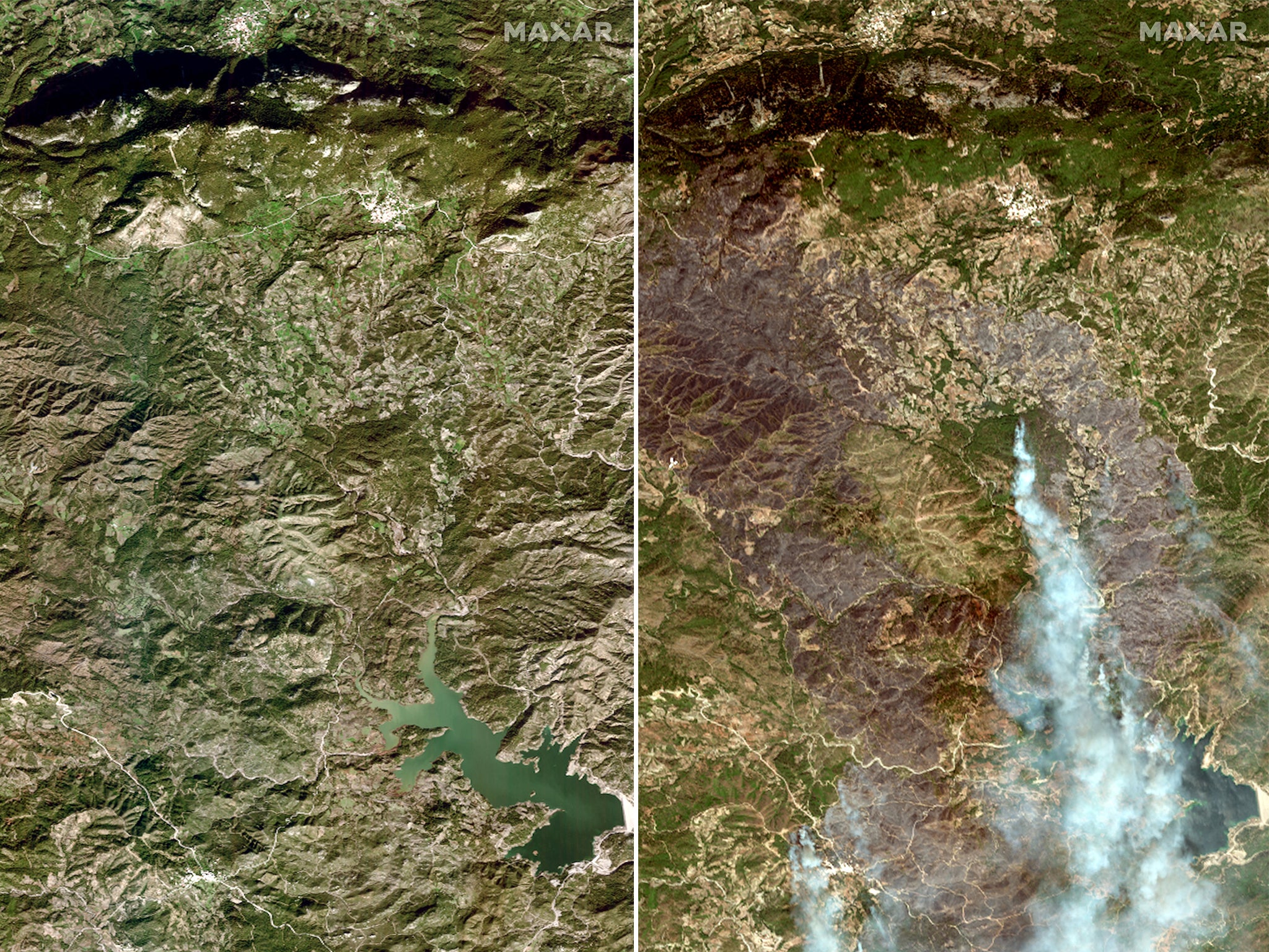 Before and after pictures - the first taken in January and the second on Sunday - show the damage caused by the wildfires