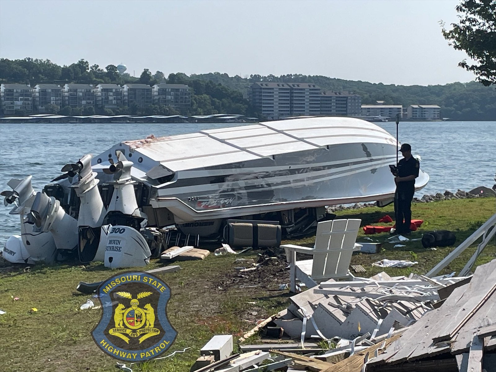 A boat was overturned after a crash at Lake of the Ozarks