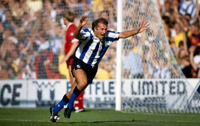 <p>Trevor Francis celebrating after scoring a goal for Sheffield Wednesday, September 1991</p>