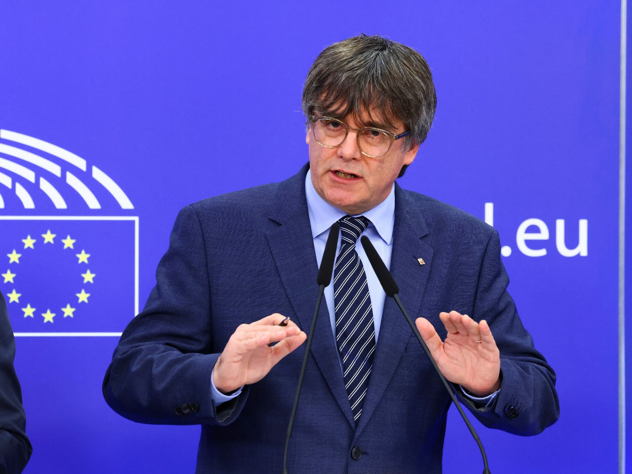 <p>Carles Puigdemont speaks at the European parliament in Brussels earlier this month</p>