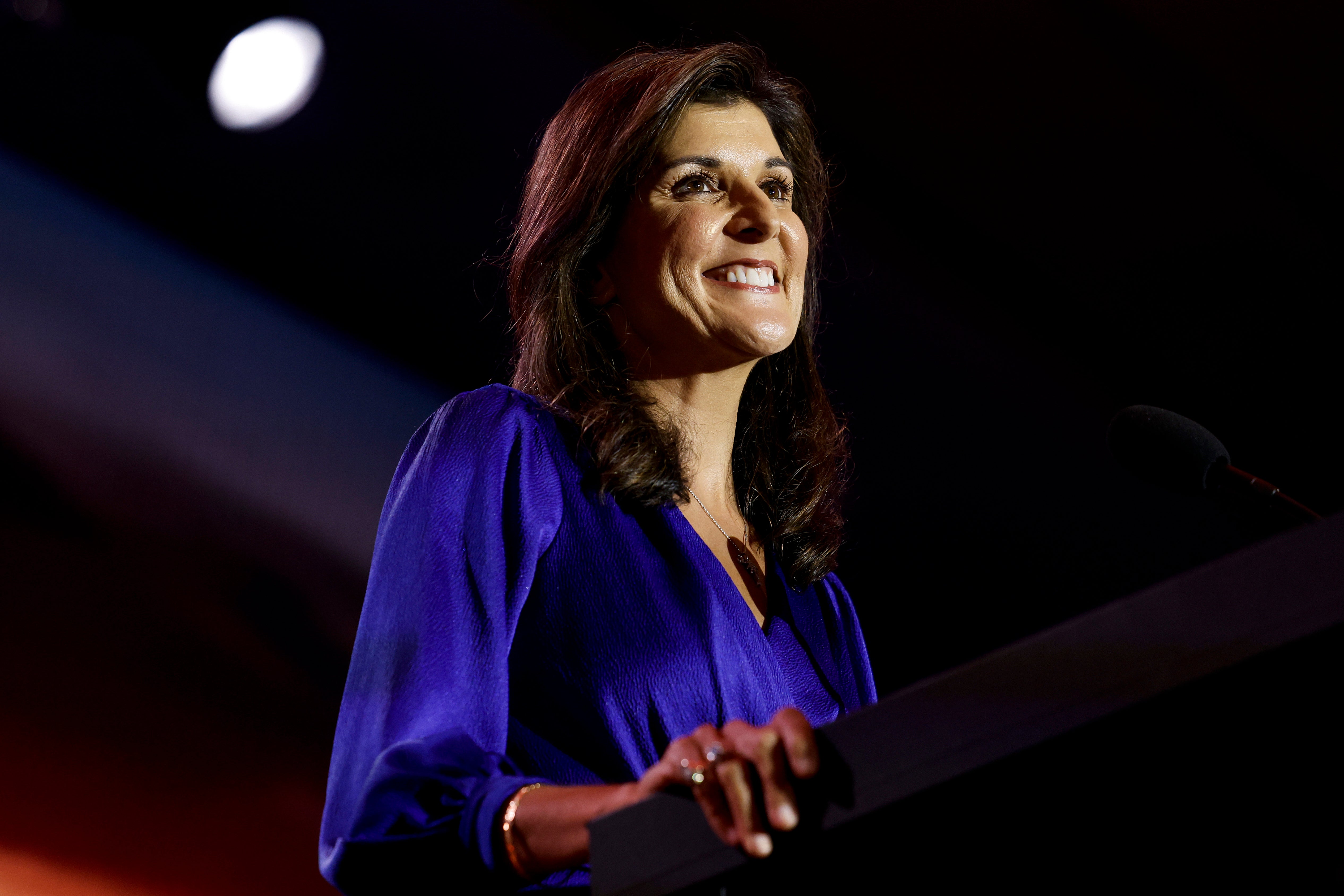 Republican presidential candidate Nikki Haley delivers remarks at the Christians United for Israel summit on July 17, 2023 in Arlington, Virginia