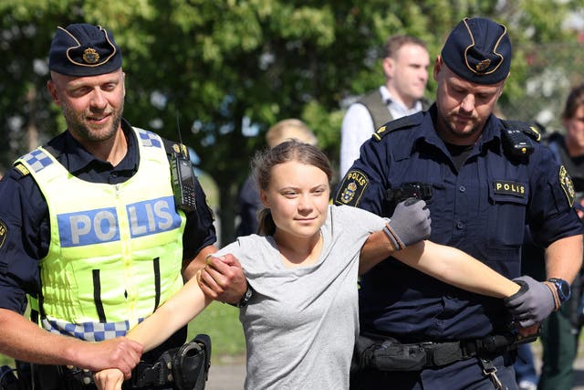 <p>Greta Thunberg is lifted away by police while taking part in a climate protest in Malmo on Monday</p>
