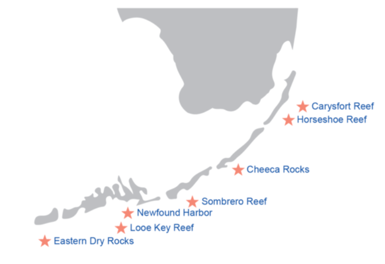 The location of coral reefs along the Florida Keys