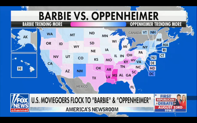 <p>Fox News displayed a map showing that Barbie was trending more in red states</p>