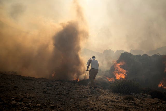 <p>A local resident tries to extinguish a fire, near the seaside resort of Lindos (AP Photo/Petros Giannakouris)</p>