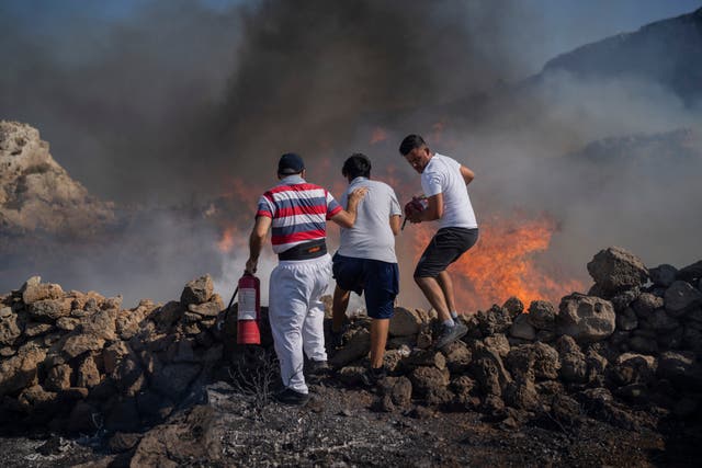 <p>Local residents try to extinguish a fire, near the seaside resort of Lindos, on the Aegean Sea island of Rhodes, southeastern Greece</p>