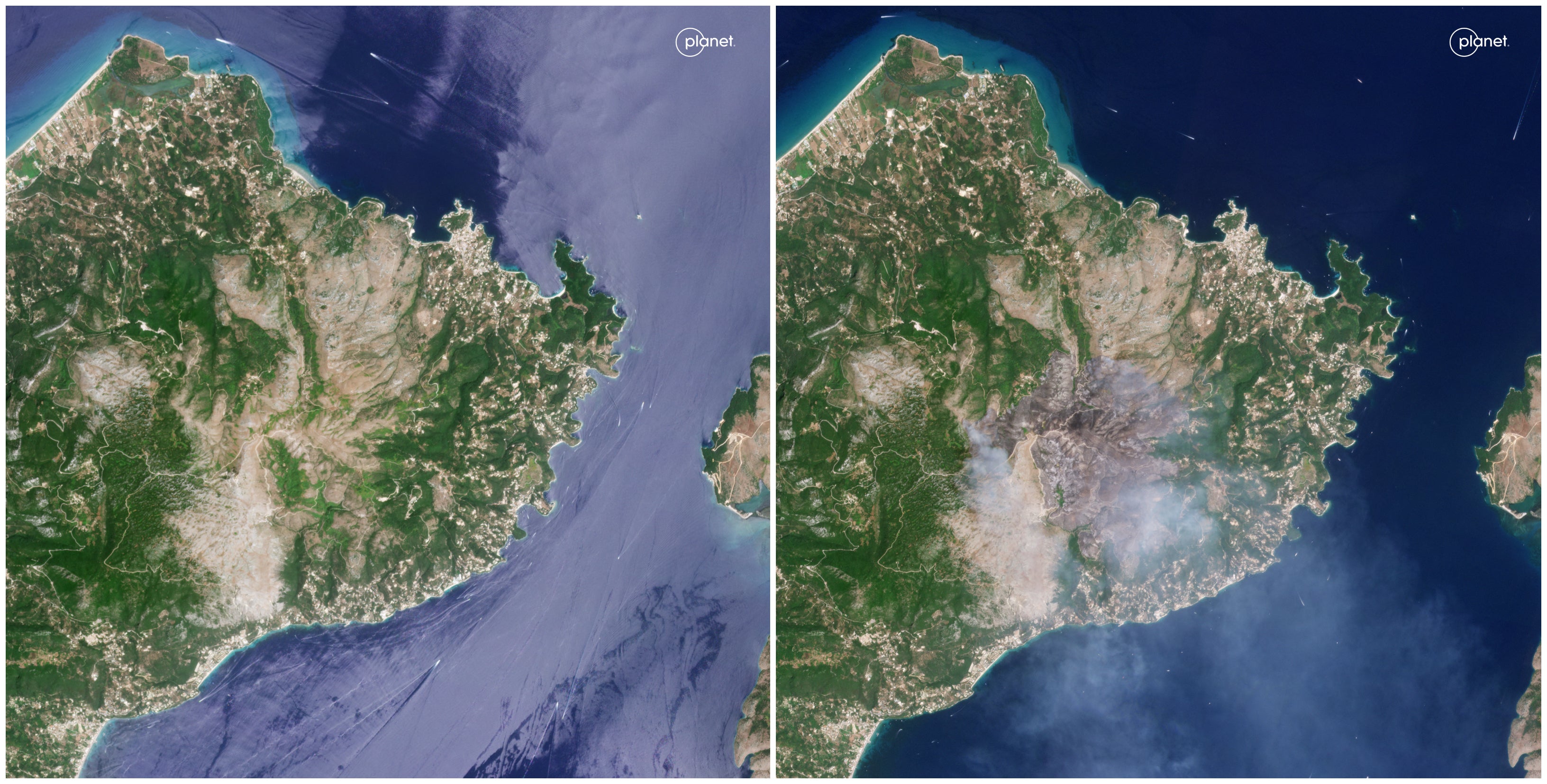 (L) New fire spreading in Corfu on 22 July compared to the damages recorded on the island on 24 July