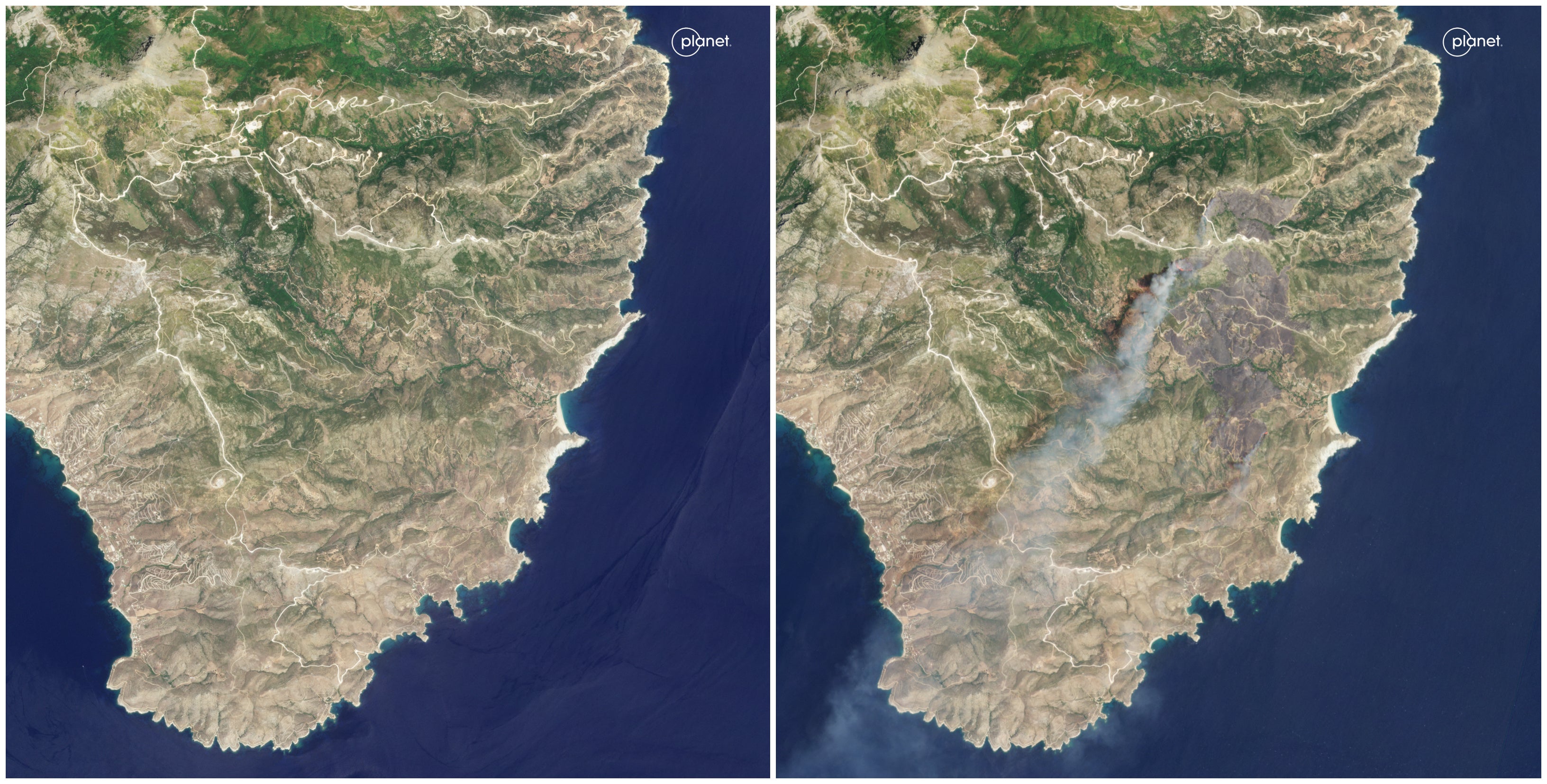 Before and after satellite images of wildfires in Evia