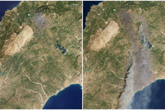 <p>Satellite images show the spread of wildfire in Rhodes, Greece, between 20 and 23 July</p>
