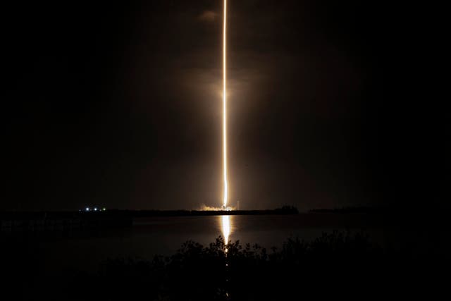 <p>This timed exposer shows the trail as the SpaceX Falcon 9 rocket with the companys Crew Dragon spacecraft lifts off from pad 39A for the Crew-6 mission at NASA’s Kennedy Space Center in Cape Canaveral, Florida, early on March 2, 2023</p>