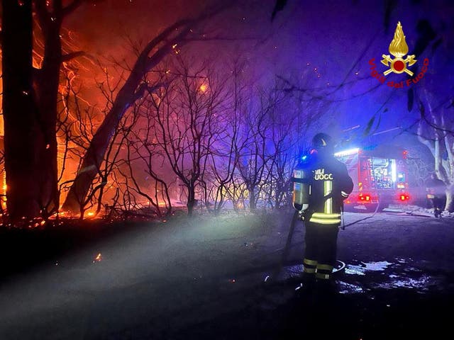 <p>Firefighters work to extinguish a wildfire burning near the Sicilian village of Curcuraci near Messina, Italy</p>