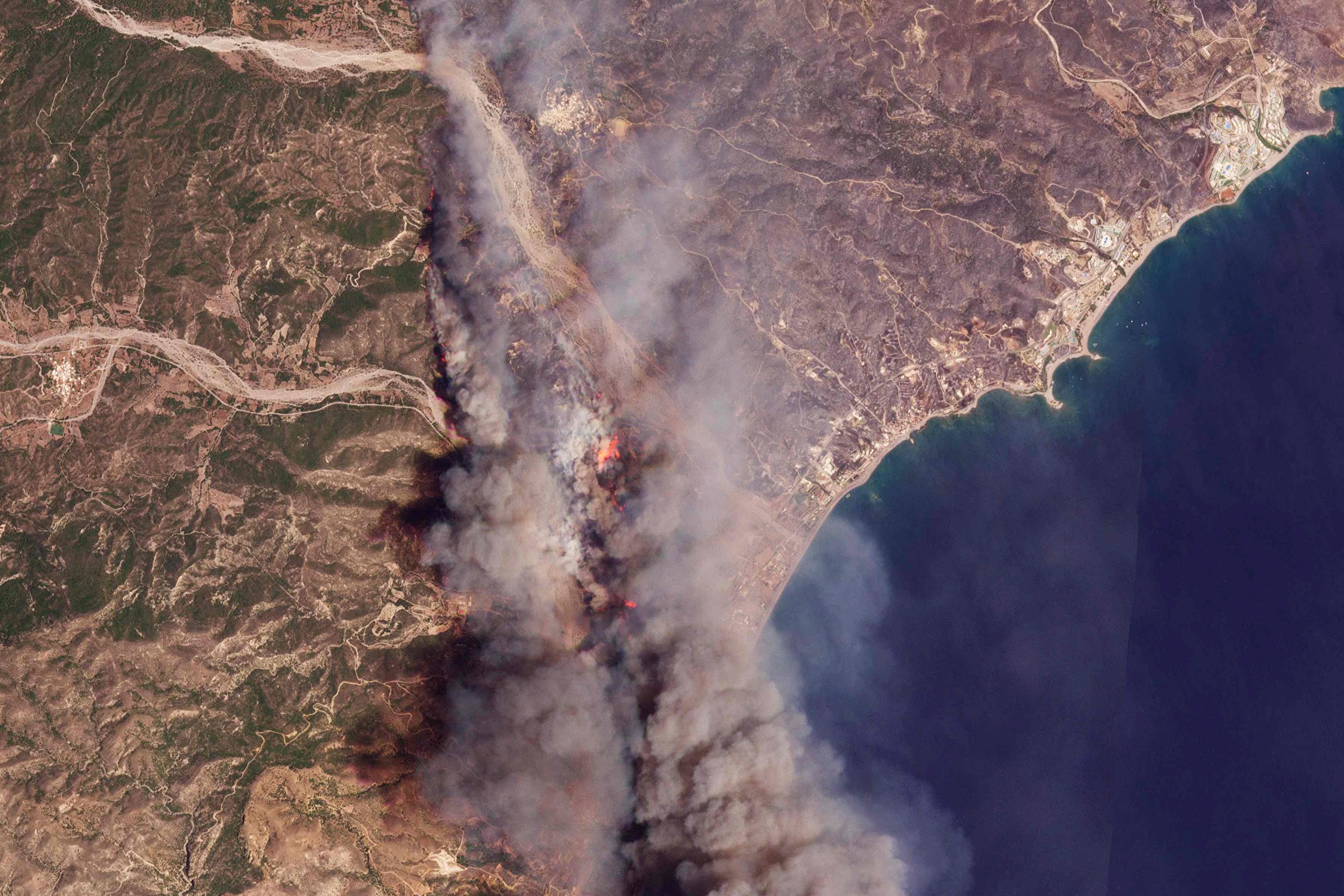 A satellite image of the fires burning on Rhodes