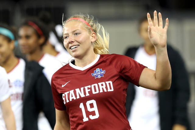 <p>Katie Meyer playing for Stanford in San Jose, Caifornia, in December 2019 </p>