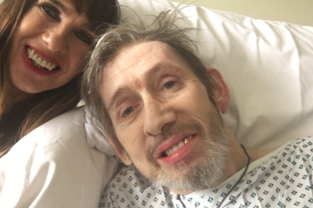 <p>Shane MacGowan in hospital with his wife, Victoria Mary Clarke</p>