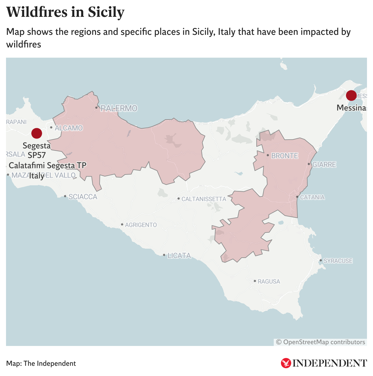 Map shows in red the regions and specific places impacted by wildfires in Sicily
