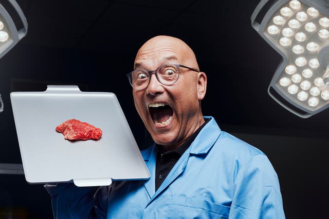 <p>Flesh in the pan: Gregg Wallace in a promotional photo for ‘The British Miracle Meat' </p>