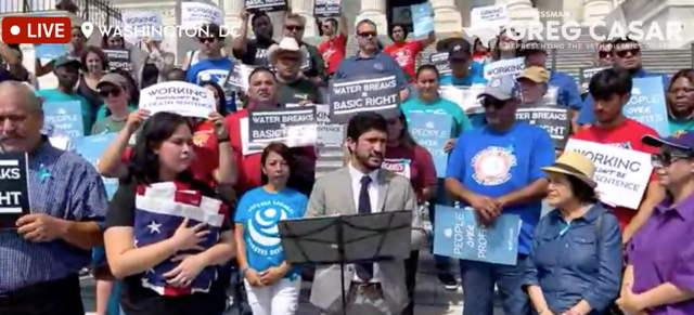 <p>Texas Congressman Greg Casar speaks at a ‘thirst strike’ on the steps of the US Capitol alongside civil rights leader Dolores Huerta</p>
