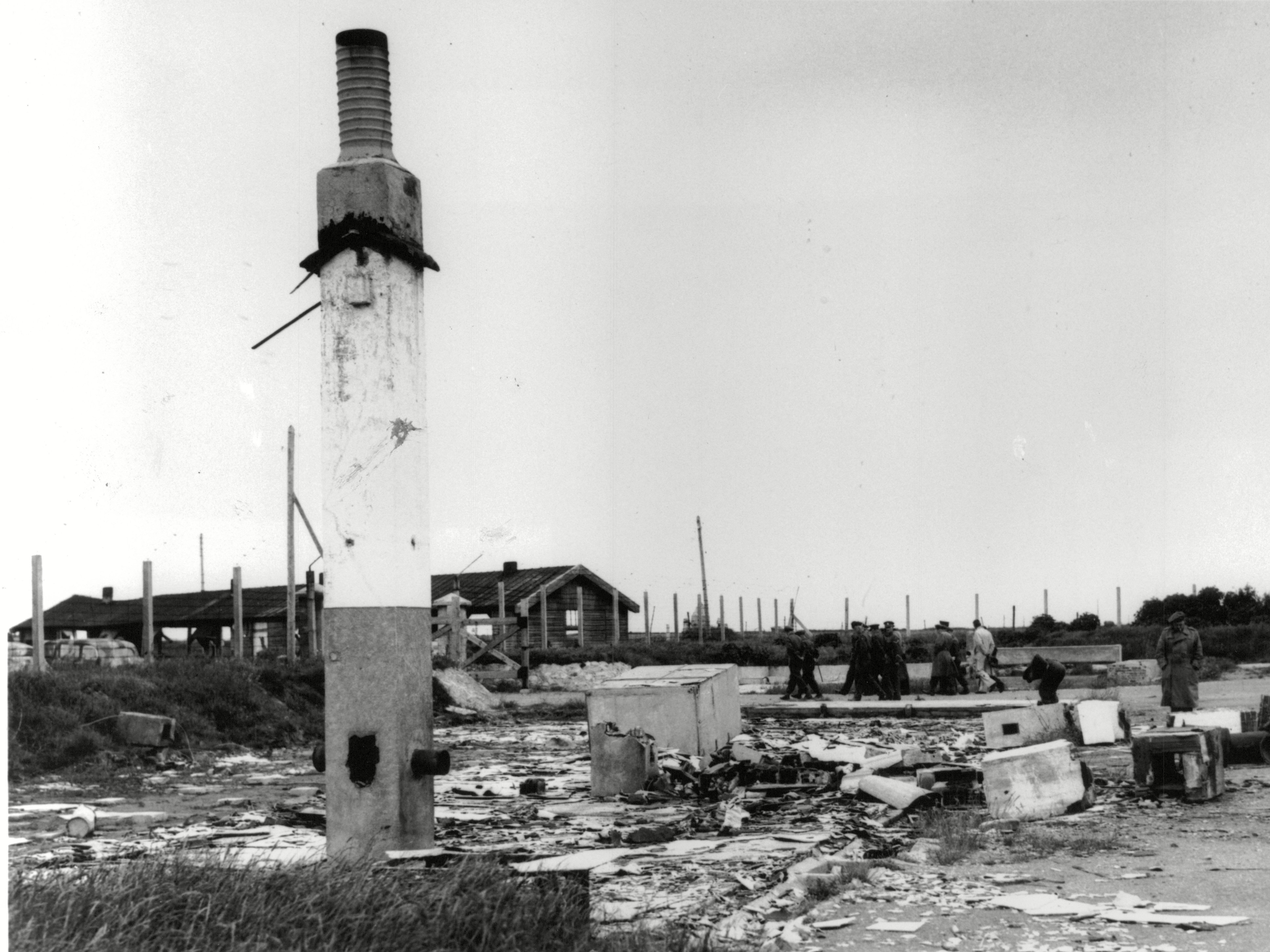 The broken remains of Sylt concentration camp destroyed by the fleeing Nazis in 1945