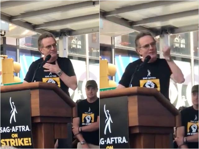 <p>Bryan Cranston delivers a speech at the NYC SAG-AFTRA strike rally.</p>
