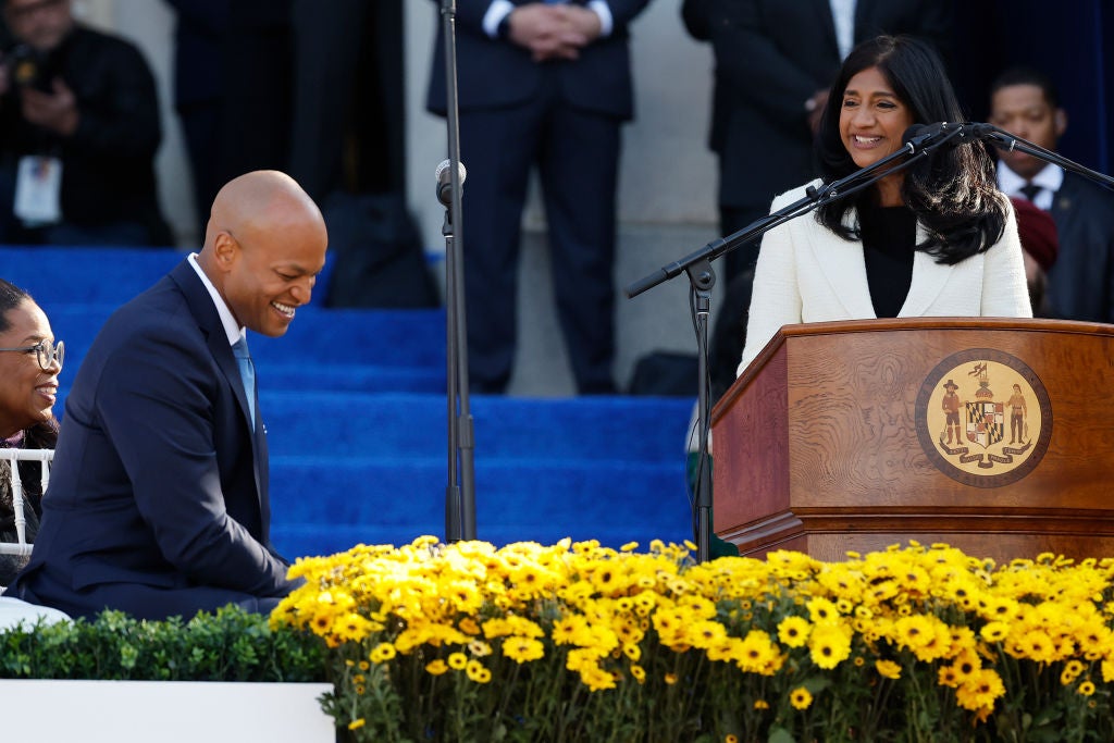 Wes Moore and Aruna Miller at their inauguration in January, 2023.