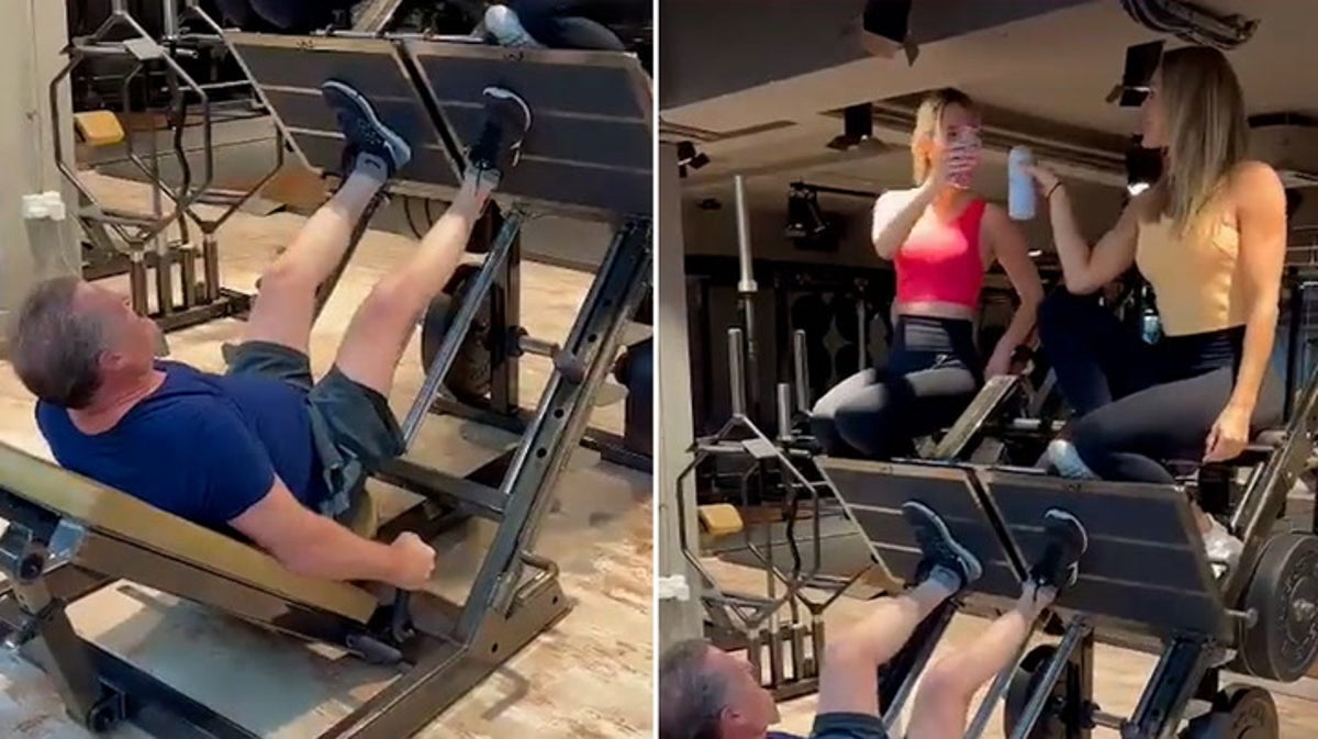 ‘Barbie-pressing’: Piers Morgan leg-presses two women at the gym
