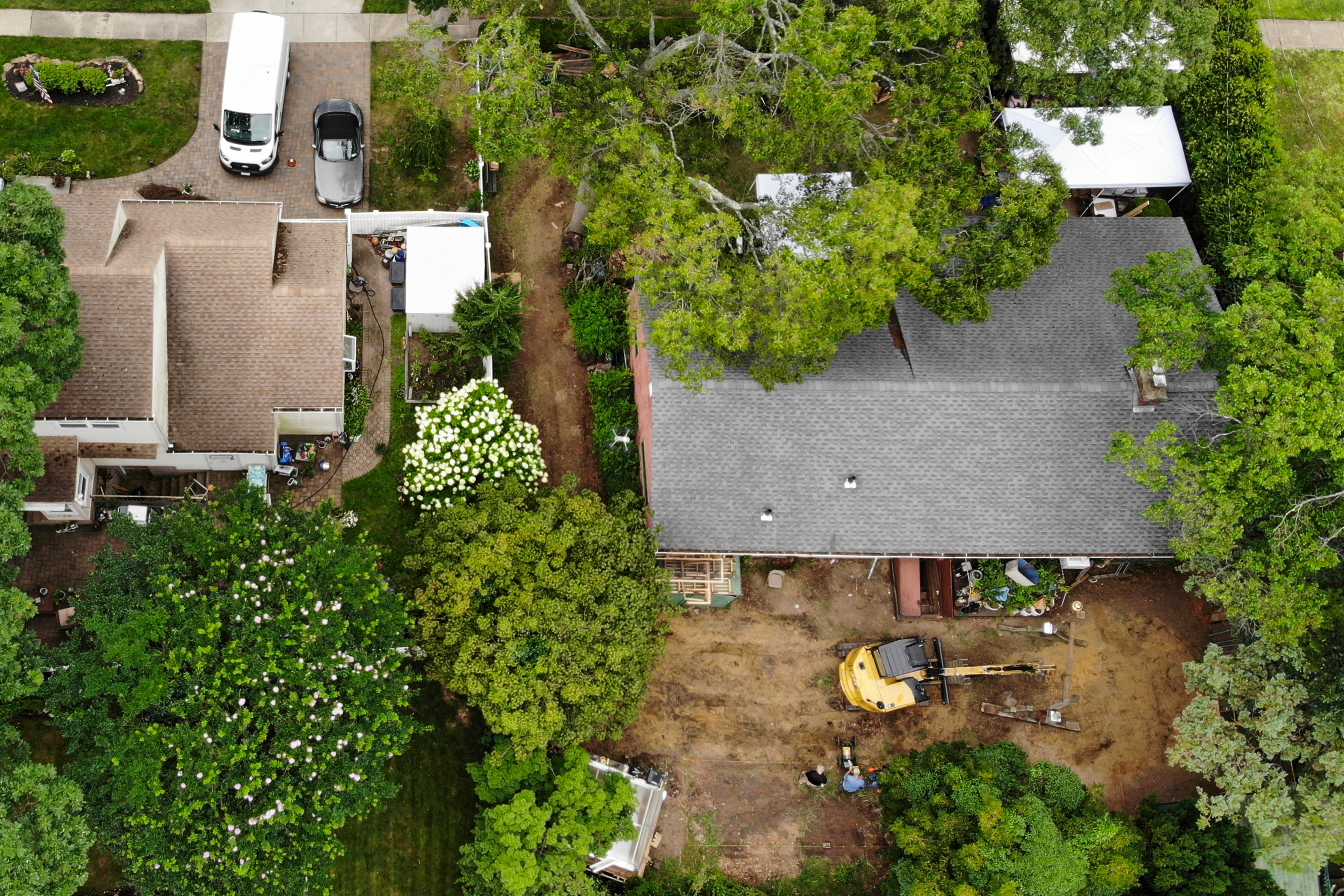An overhead shot of the home of Rex Heuermann as it was searched by police in July following his arrest for the Gilgo Beach murders
