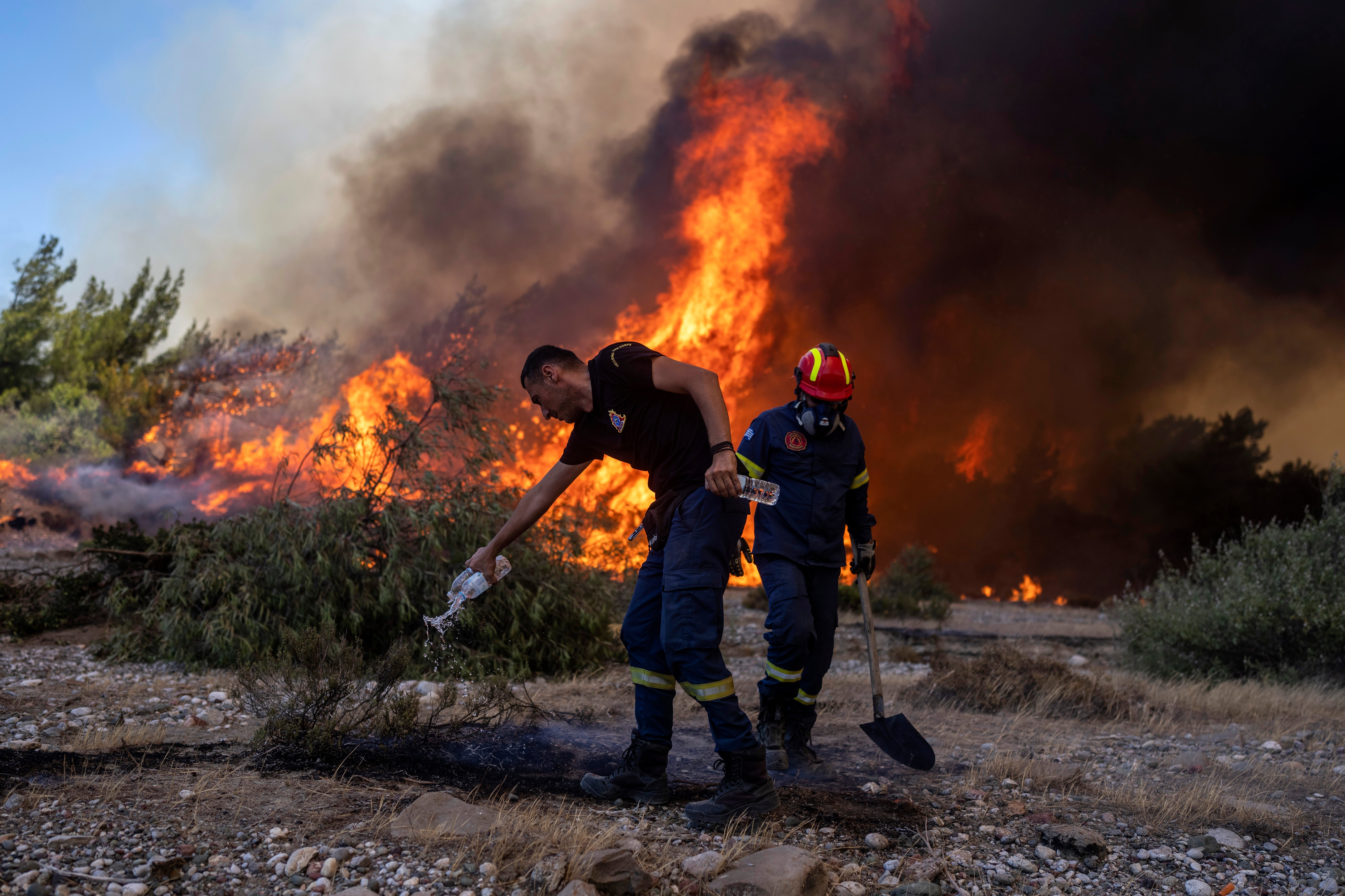 A firefighter uses a bottle to drop water over a burnt plant after flames approach Vati village, on the Aegean Sea island of Rhodes, southeastern Greece