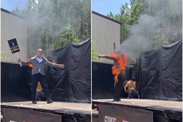 <p>Harrison Ford stunt double Mike Massa sets himself on fire at SAG-AFTRA rally</p>