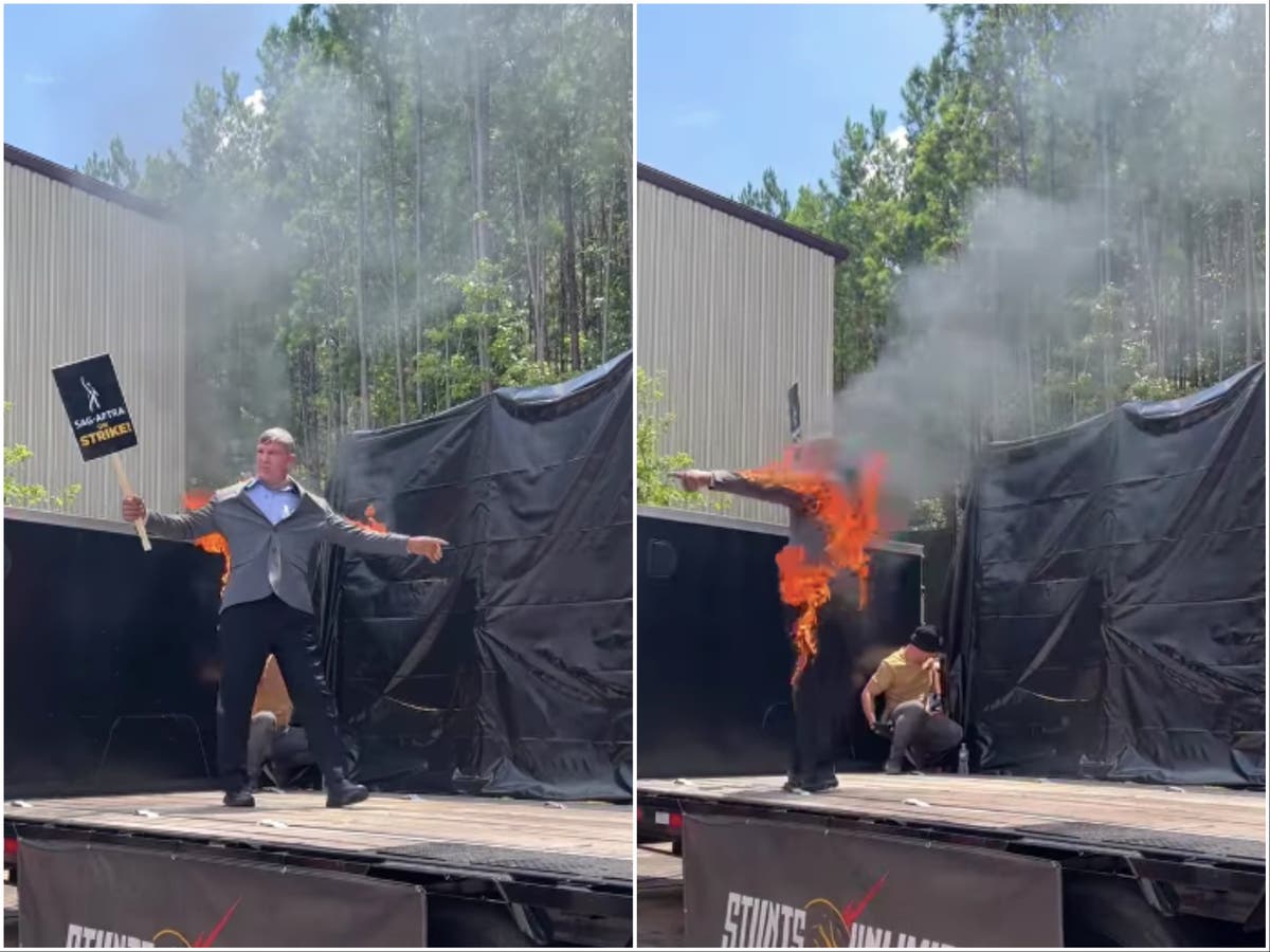 Harrison Ford stunt double sets himself on fire at actors’ strike rally