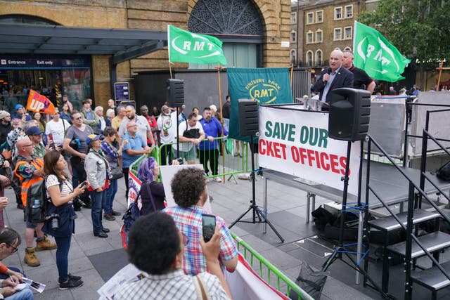 RMT general secretary Mick Lynch speaking at a rally outside King’s Cross station, in London, over planned ticket office closures (Jonathan Brady/PA)