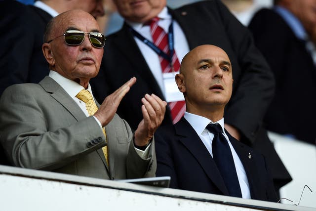 <p>Tottenham owner Joe Lewis, left, pictured with club chairman Daniel Levy</p>