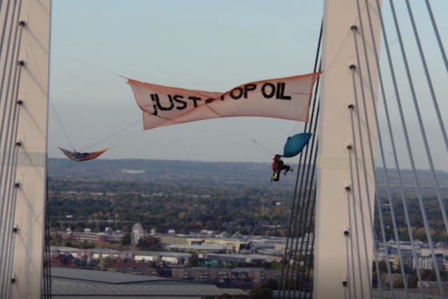 Prison sentences handed to two Just Stop Oil protesters after they scaled a bridge on the Dartford Crossing were the “longest ever” given for a peaceful protest case in modern times, the Court of Appeal has been told (Essex Police/PA)