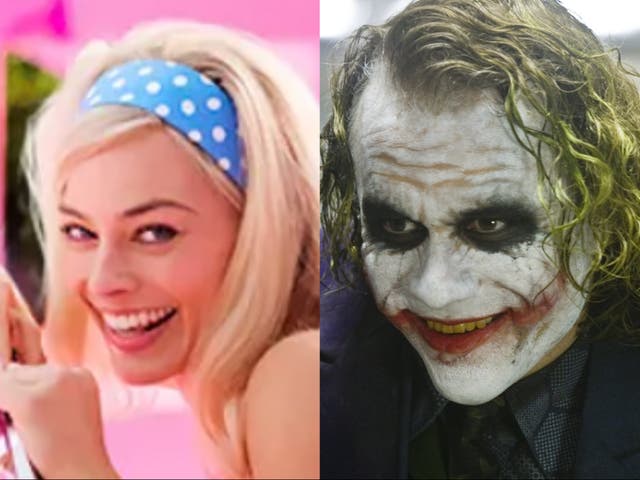 <p>Greta Gerwig in ‘Barbie’ and Heath Ledger in ‘The Dark Knight'</p>
