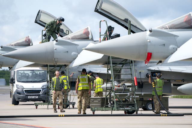 RAF Typhoon jets on the apron after returning from exercise Jousten Strike at Amari Airbase in Estonia (Jane Barlow/PA)