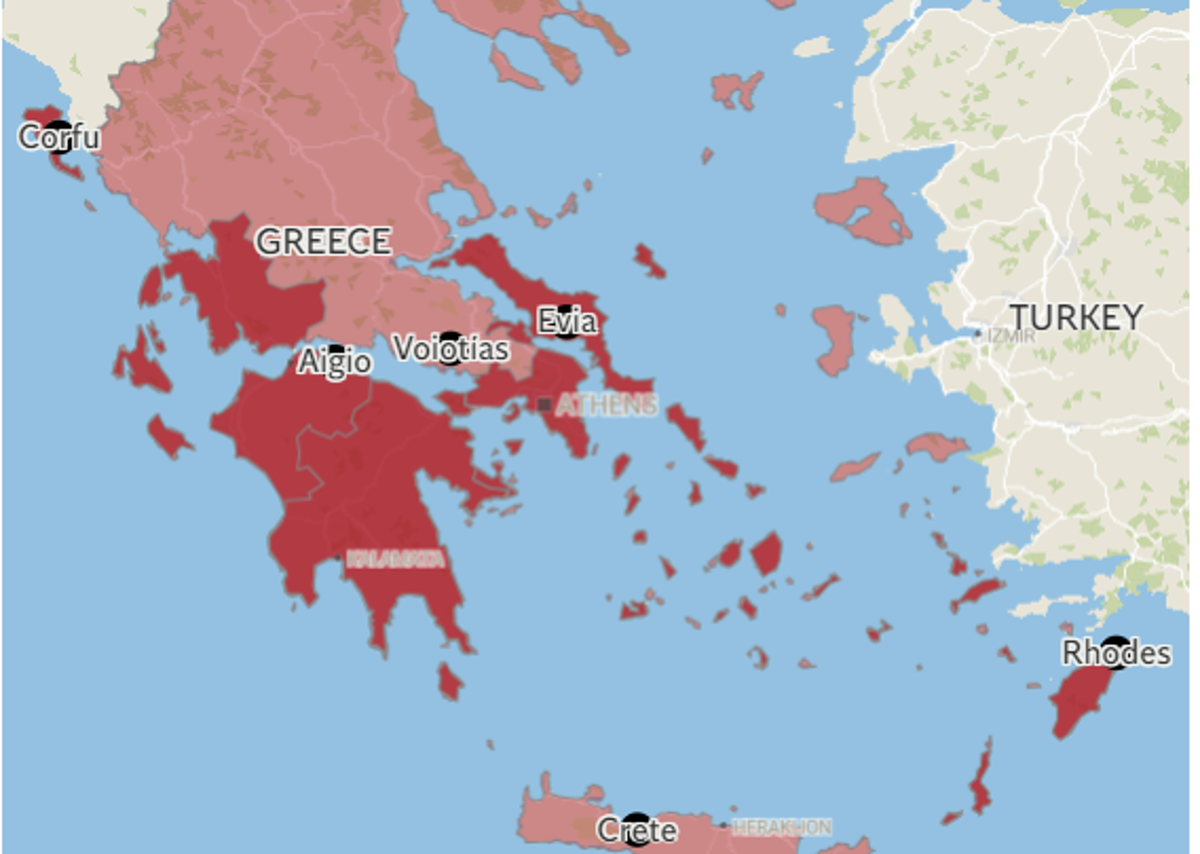 Maps show the extent of wildfires in Rhodes, Corfu and Portugal