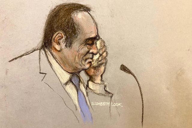 Court artist sketch by Elizabeth Cook of actor Kevin Spacey dabbing his eyes with a tissue while giving evidence (Elizabeth Cook/PA)