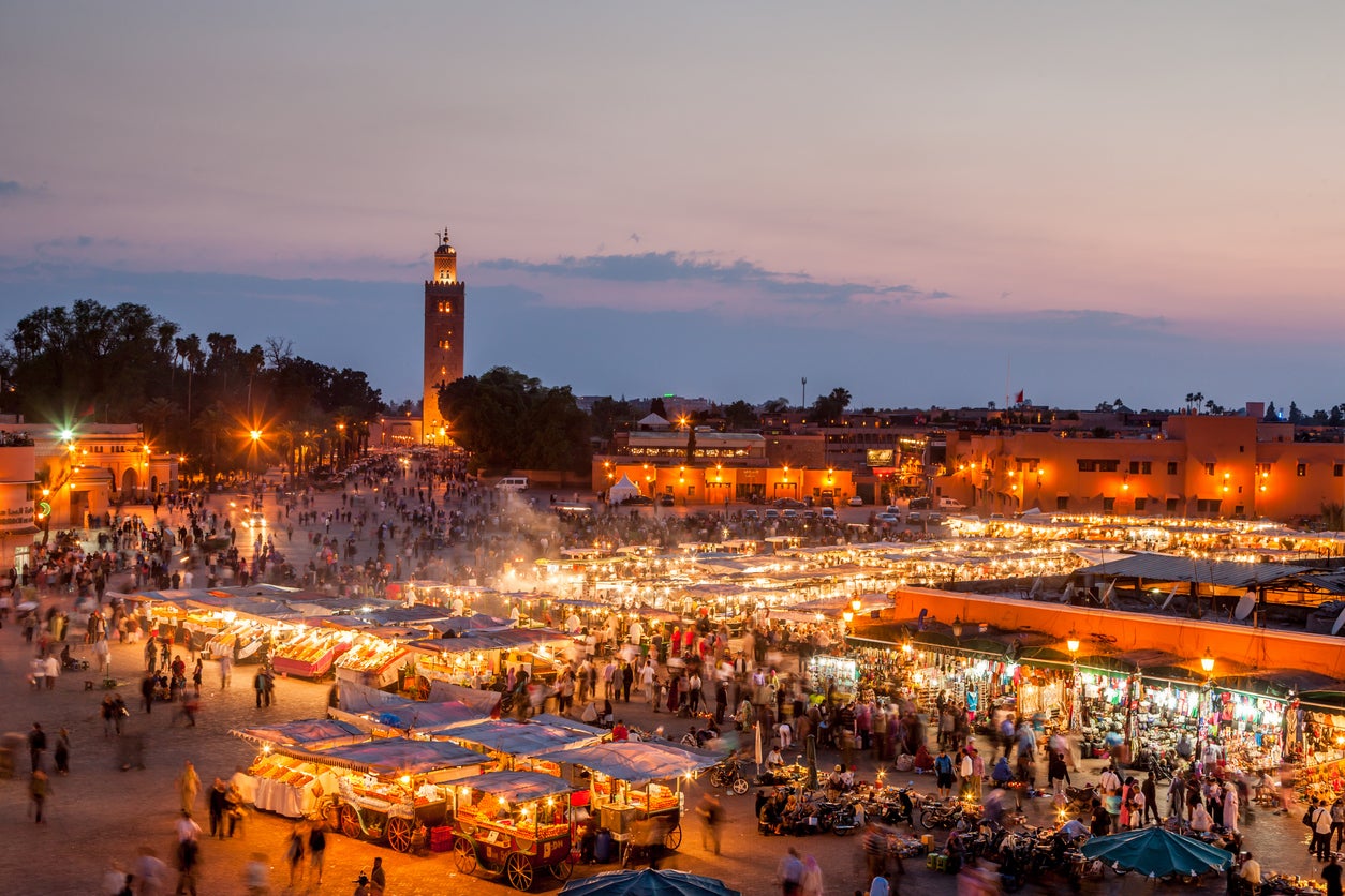 Jemaa el-Fna, Marrakech’s famous square and market place at dusk