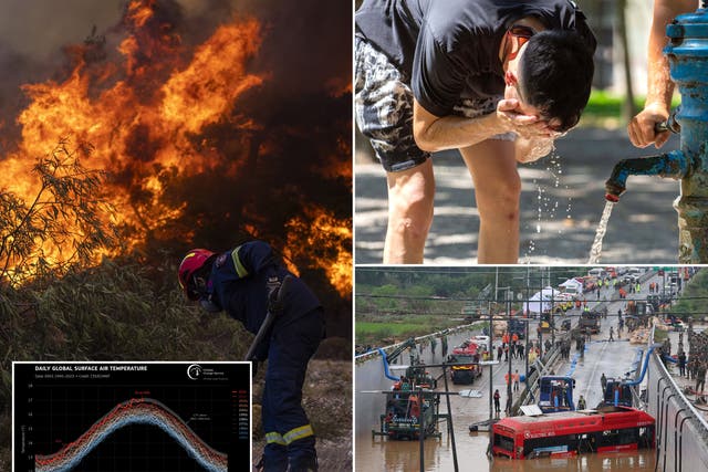 <p>July is set to be the hottest month on record - and likely in 120,000 years. From left: A firefighter tackles flames in Rhodes; A man soaks himself in water in Zagreb, Croatia as it hit 40C; A bus trapped by flash flooding in Osong, South Korea. Inset, a graph showing global temperature rise </p>