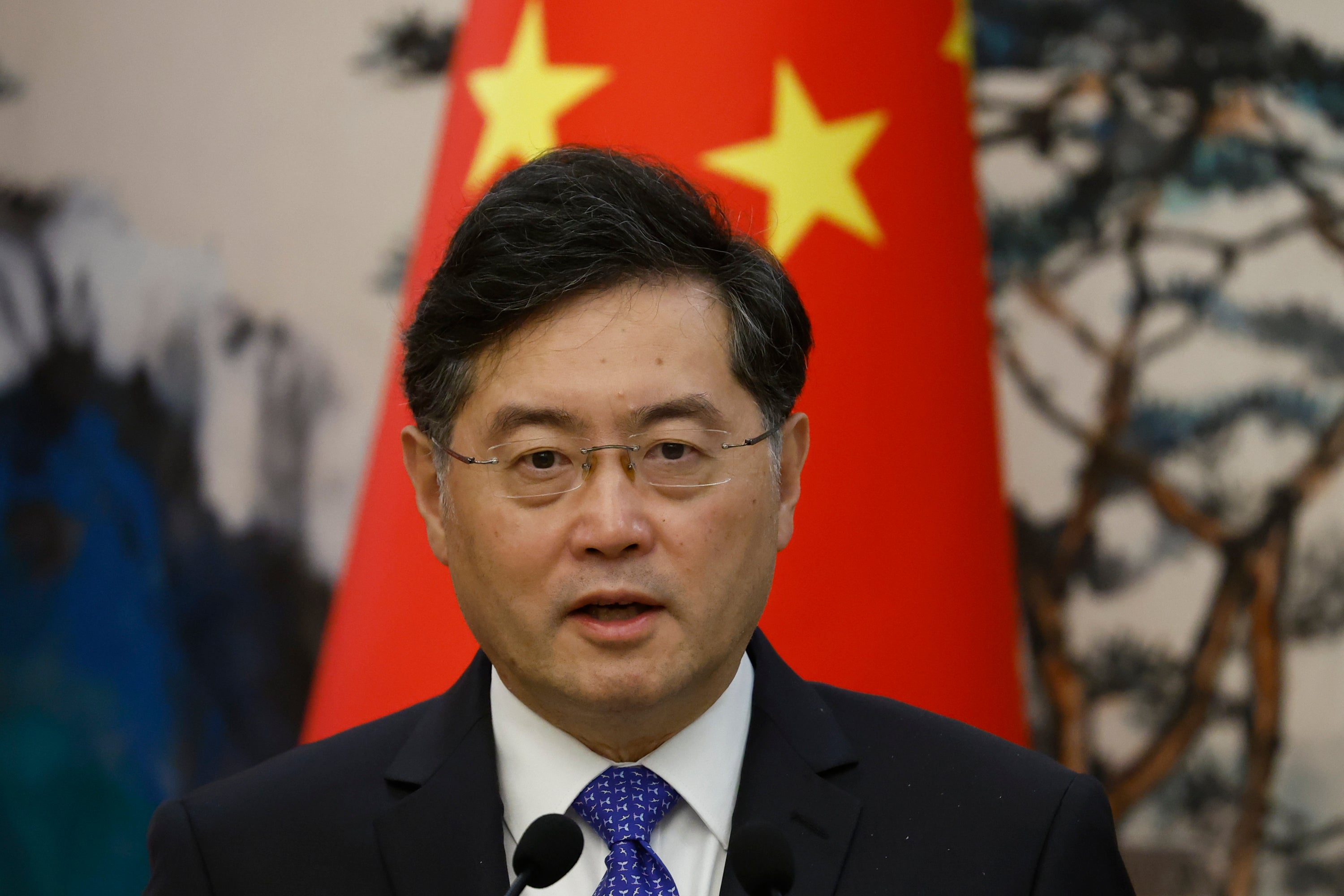 Chinese foreign minister Qin Gang gives a speech as he attends a news conference after talks with his Dutch counterpart Wopke Hoekstra in May this year in Beijing