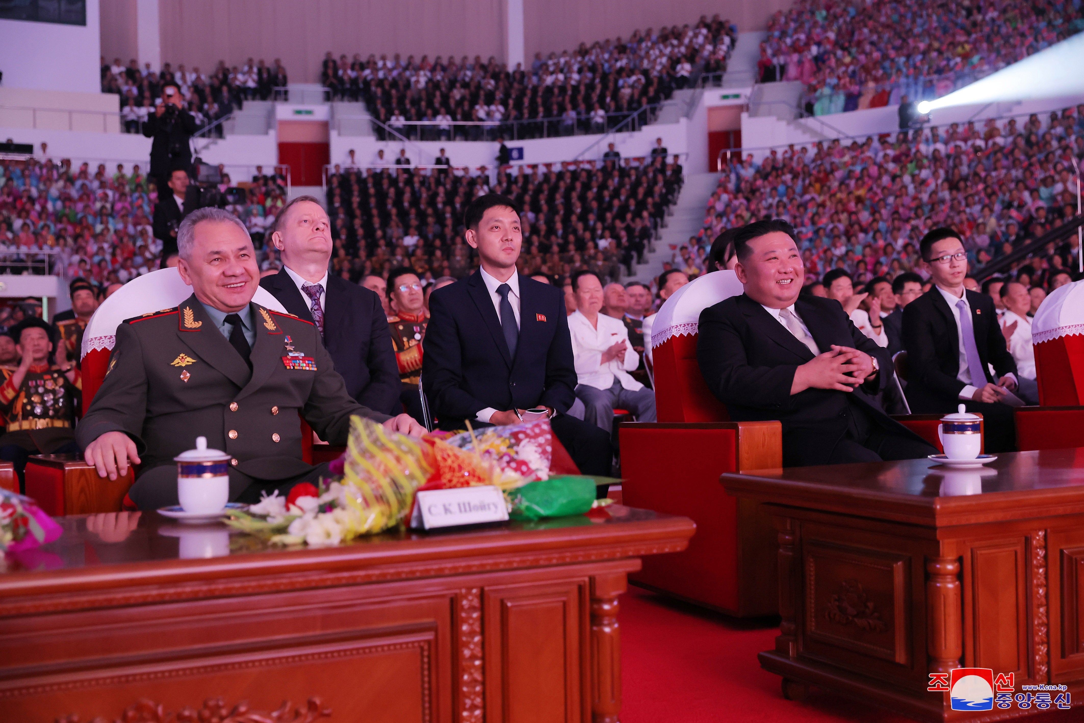 Kim Jong-un and Russian defense minister Sergei Shoigu attending a performance held in celebration of the 70th anniversary of the Korean War Armistice Agreement, in Pyongyang