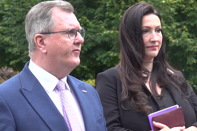 Sir Jeffrey Donaldson and Emma Little-Pengelly speak to the media after talks at Stormont Castle (Jonathan McCambridge/PA)