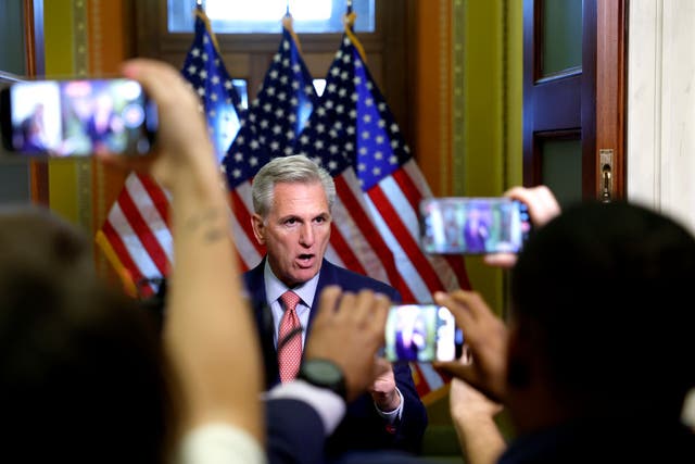 <p>Kevin McCarthy speaks with reporters about the House’s ongoing impeachment inquiry into Joe Biden</p>