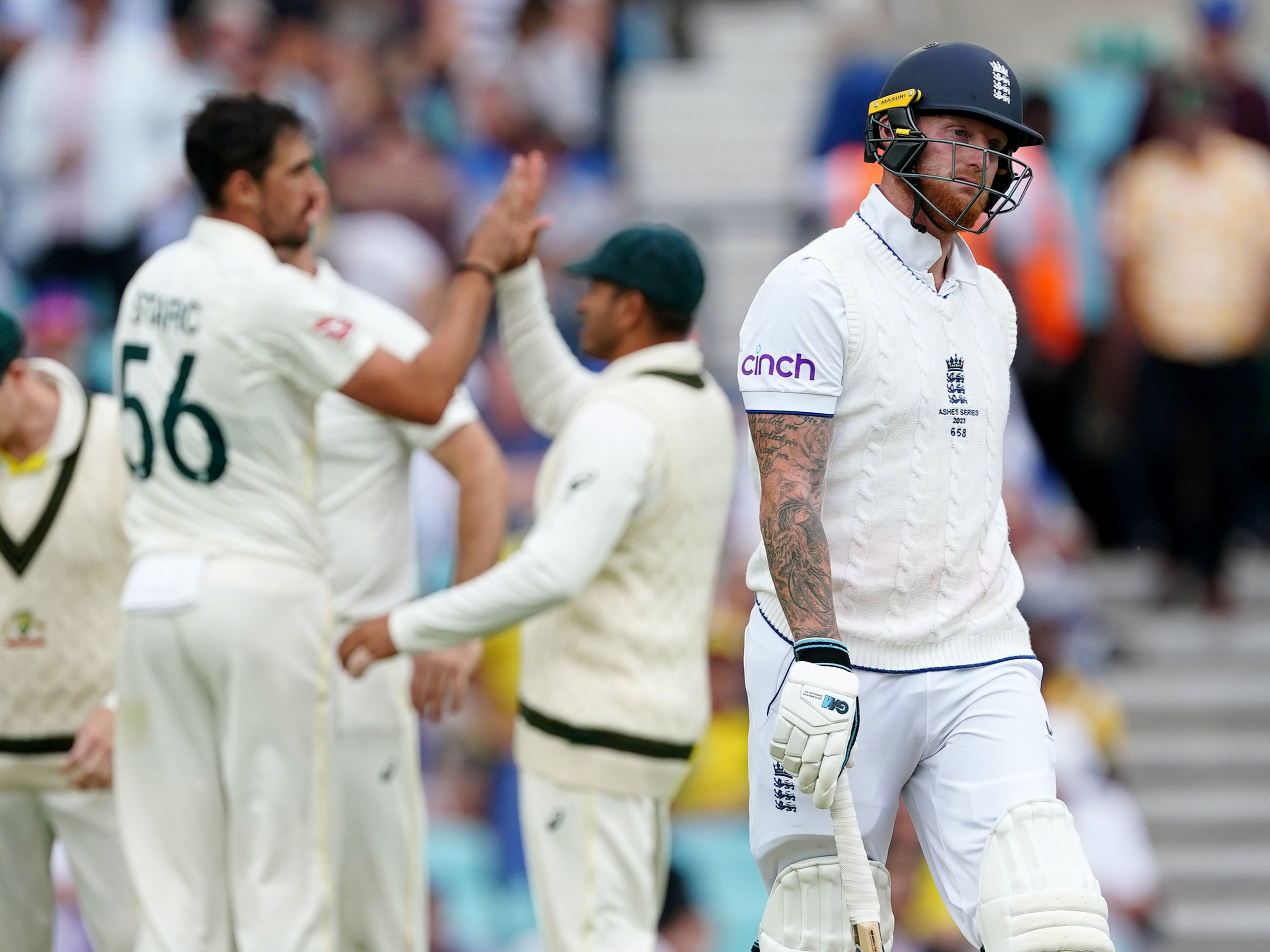 Ben Stokes leaves the field after being bowled by Mitchell Starc